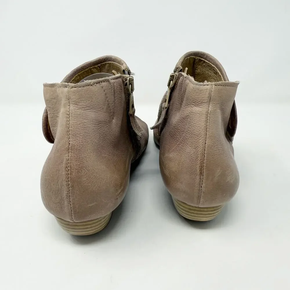 Miz Mooz Taupe Leather Canterbury Open Toe Booties EU 37 Side Zip Made in Bosnia